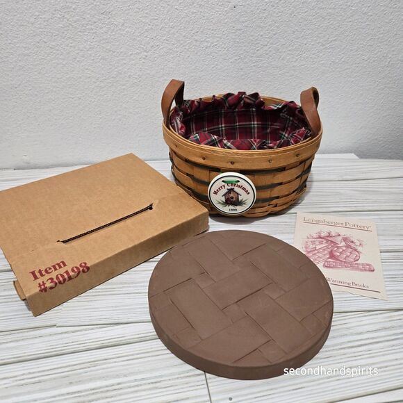90's Longaberger Merry Christmas Button Basket w Fabric Liner Warming Brick - Picture 1 of 16